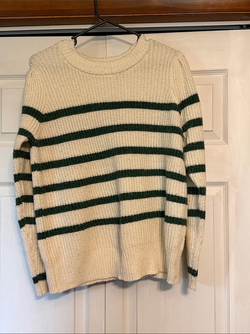 Women’s Cream Crewneck Sweater with Green Stripes